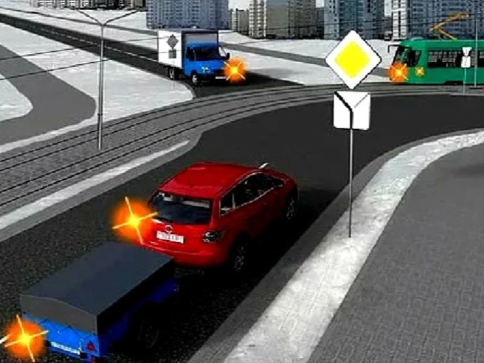 Должен ли красный автомобиль уступить дорогу трамваю?