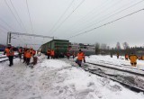 Появились подробности и новые фото с места опрокидывания вагонов товарного поезда под Вологдой